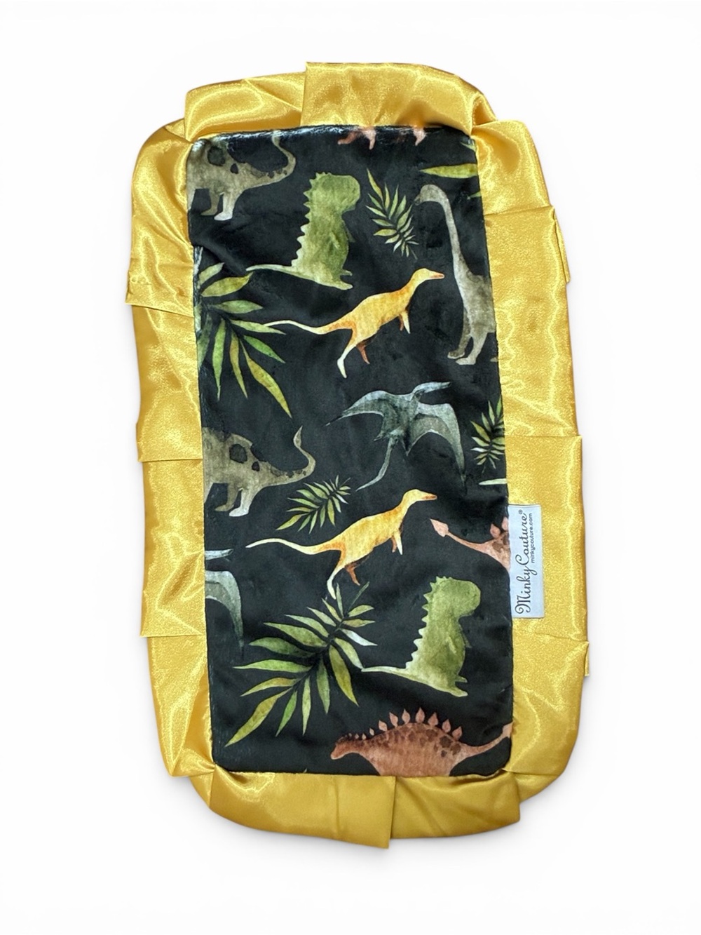 Minky Couture Dinosaur Baby Blanket Lovey Black Plush Gold Satin Trim Security